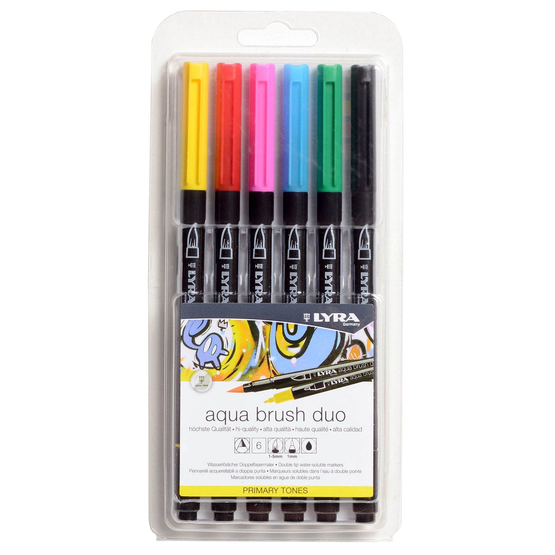 Lyra Aqua Brush Duo Dual Tip Markers, Primary Set, Assorted Colors, 6 Piece, 2 Pack