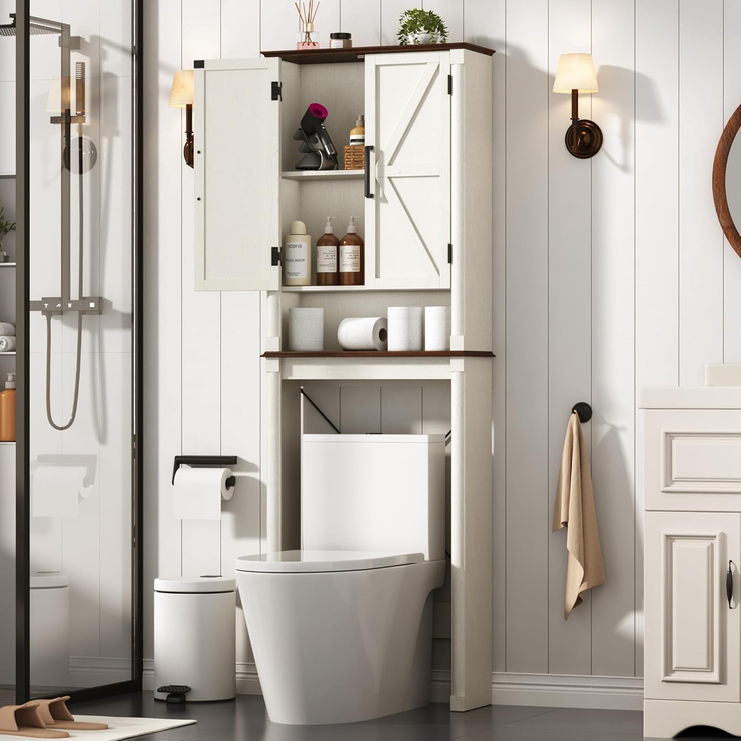 Over The Toilet Storage Cabinet with 2 Barn Doors, Farmhouse Wood Bathroom Storage Cabinet with Roman Column Decor, Over Toilet Bathroom Organizer with Adjustable Shelf & Door Cabinets, Rustic White