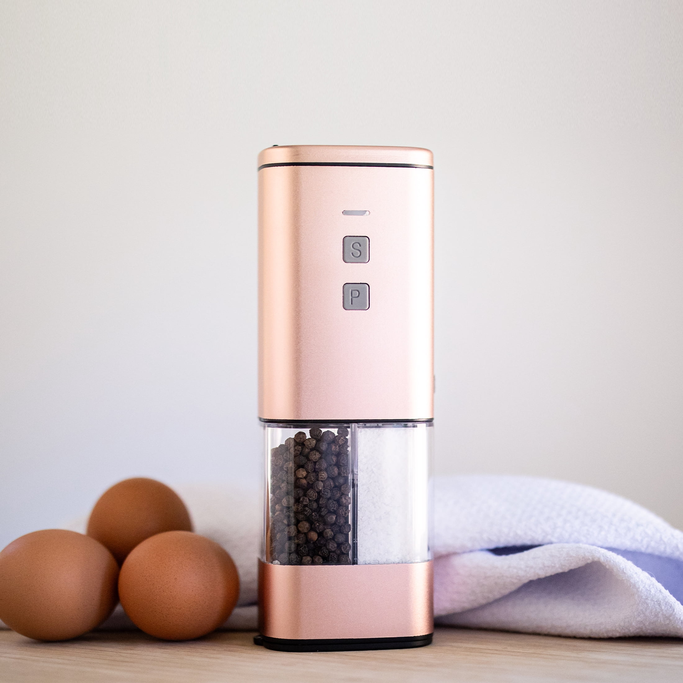 2-in-1 USB Rechargeable Salt and Pepper Grinder – Single Pack Electric Grinder with Adjustable Coarseness, LED Light, and One-Handed Operation – Neutral Color – Peachy Beige