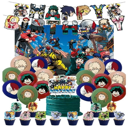 My Hero Academia themed party decorations, holiday party decorations, balloons, decorative backgrounds, birthday banners, cake decorations