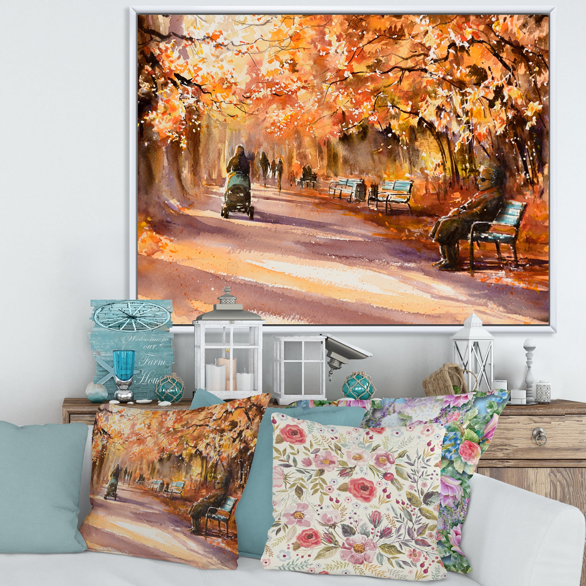 Designart 'Path In The Park In Sunny Autumn Day' Country Framed Canvas Wall Art Print