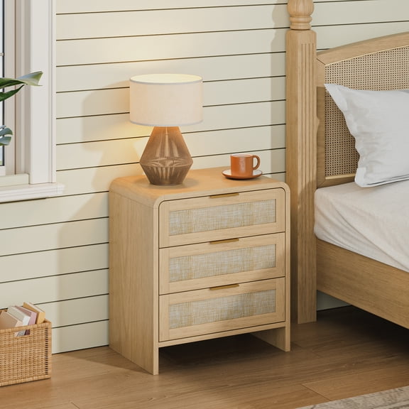 Noble House Felix 23" Rattan Wooden Nightstands, 3-Drawer Curved Bedside Tables with Gold Handles, Oak, Set of 2
