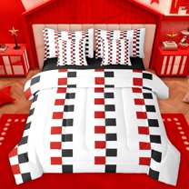 Homewish Boys Girls Geometric Grid Checkered Bedding Comforter Set 7 Pieces,Vintage Aesthetic Full Bedding Set Lightweight,Minimalist Mid Century Fitted Sheet Flat Sheet,Lightweight Room Decor