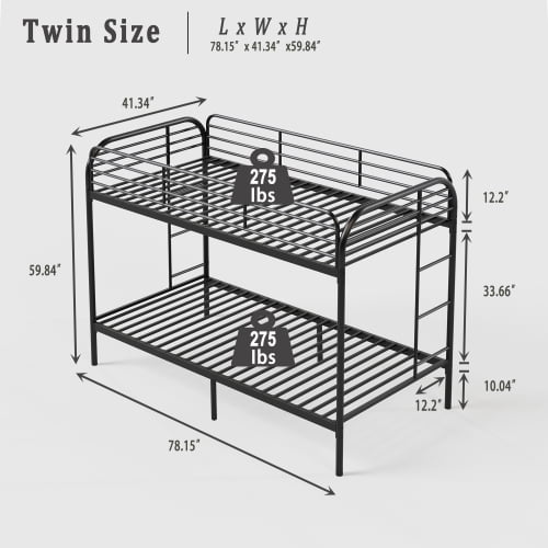 Twin Over Twin Metal Bunk Bed with Ladder and High Guardrail, Noise-Free, Underbed Storage, Black
