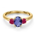 thumbnail image 3 of Gem Stone King 18K Yellow Gold Plated Silver Blue Iolite and Red Ruby Engagement Ring for Women | 1.15 Cttw | Oval Checkerboard 7X5MM | Gemstone Birthstone | Size 9, 3 of 6