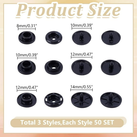 150 Sets Snaps Buttons Bulk 3 Sizes Black No-Sew Snaps Round Resin Fasteners Replacement Snap Clothing Button Accessories for DIY Clothing Coats Down Jacket Shirts Crafts