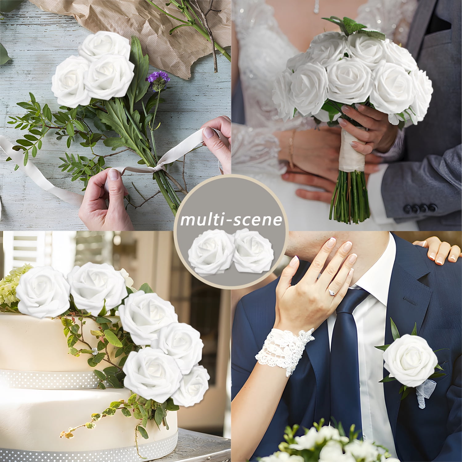 Artificial Flowers White Roses 100PCS Real Looking Foam Fake Roses with Leaves and for DIY Wedding Bouquets Bridal Shower Centerpieces Party Decorations