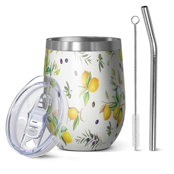 12oz Stemless Wine Tumblers Yellow Lemon Fruit Olives White Pattern Vacuum Insulated Stainless Steel Travel Tumbler Cups Mug with Lid and Straw for Champaign,Cocktail,Beer with Cleaning Brush