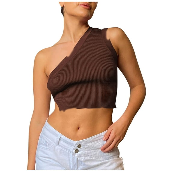 Wycnly Summer Tank Tops Plain Slash Neck Sleeveless T Shirts for Women Ladies Solid One Shoulder Knitted Ribbed Cropped Tops Vest Brown m Clearance Under $5