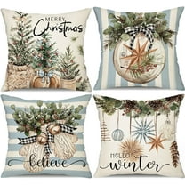 Christmas Pillow Covers 20x20 inch Set of 4 Christmas Tree Gloves Hello Winter Decorative Blue White Stripe Throw Pillow Covers Winter Farmhouse Decoration for Home Couch