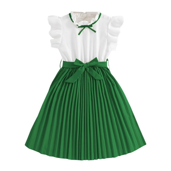 Weryoung Girls Summer Dress With Ruffled Sleeves Color Block Pleated Design Toddler To Big Kid Dress Lovely A-Line Dress,Green,130