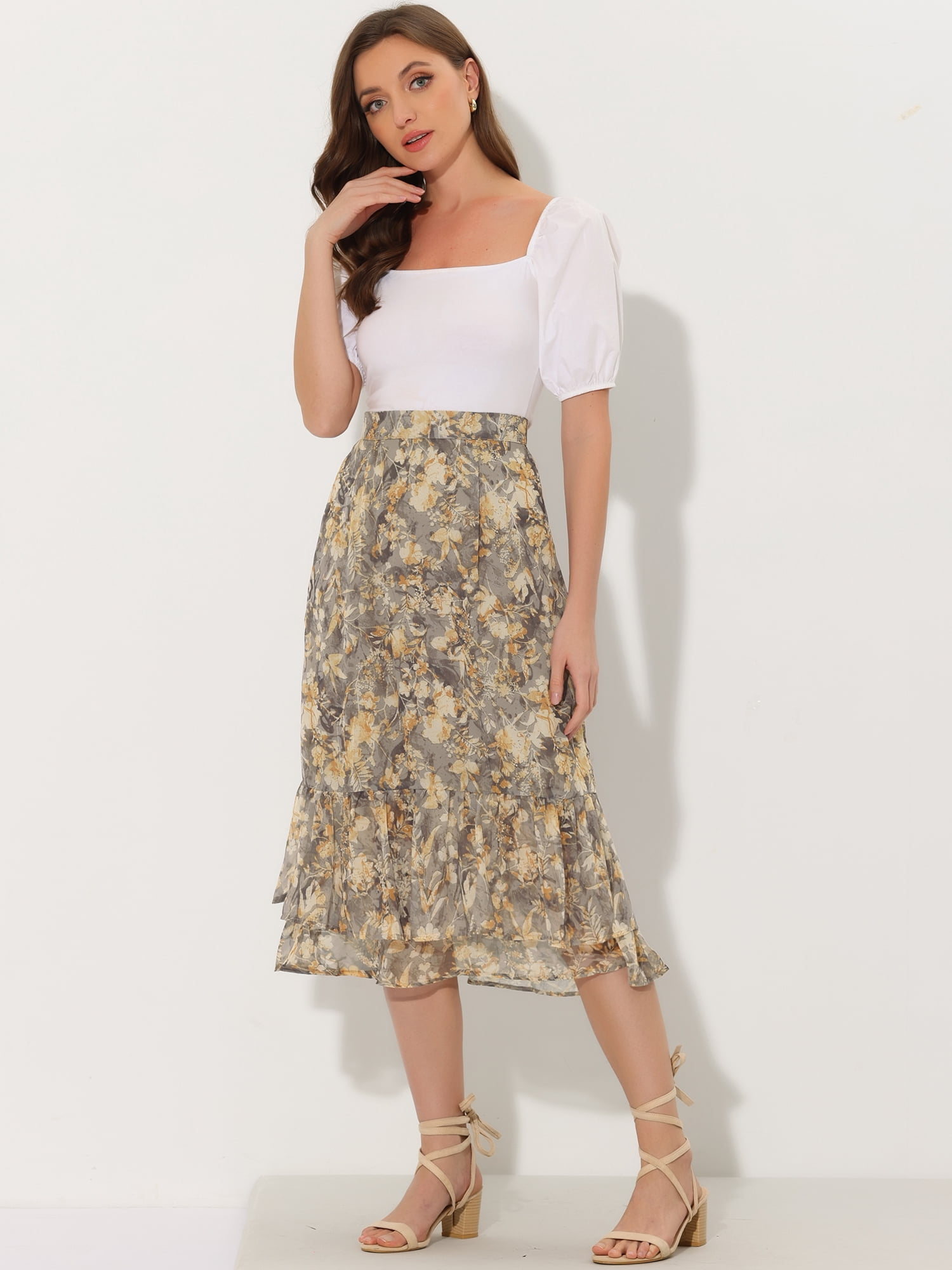 DARING DIVA Women's Tiered Ruffle Hem Midi Skirt XS Light Grey-Floral