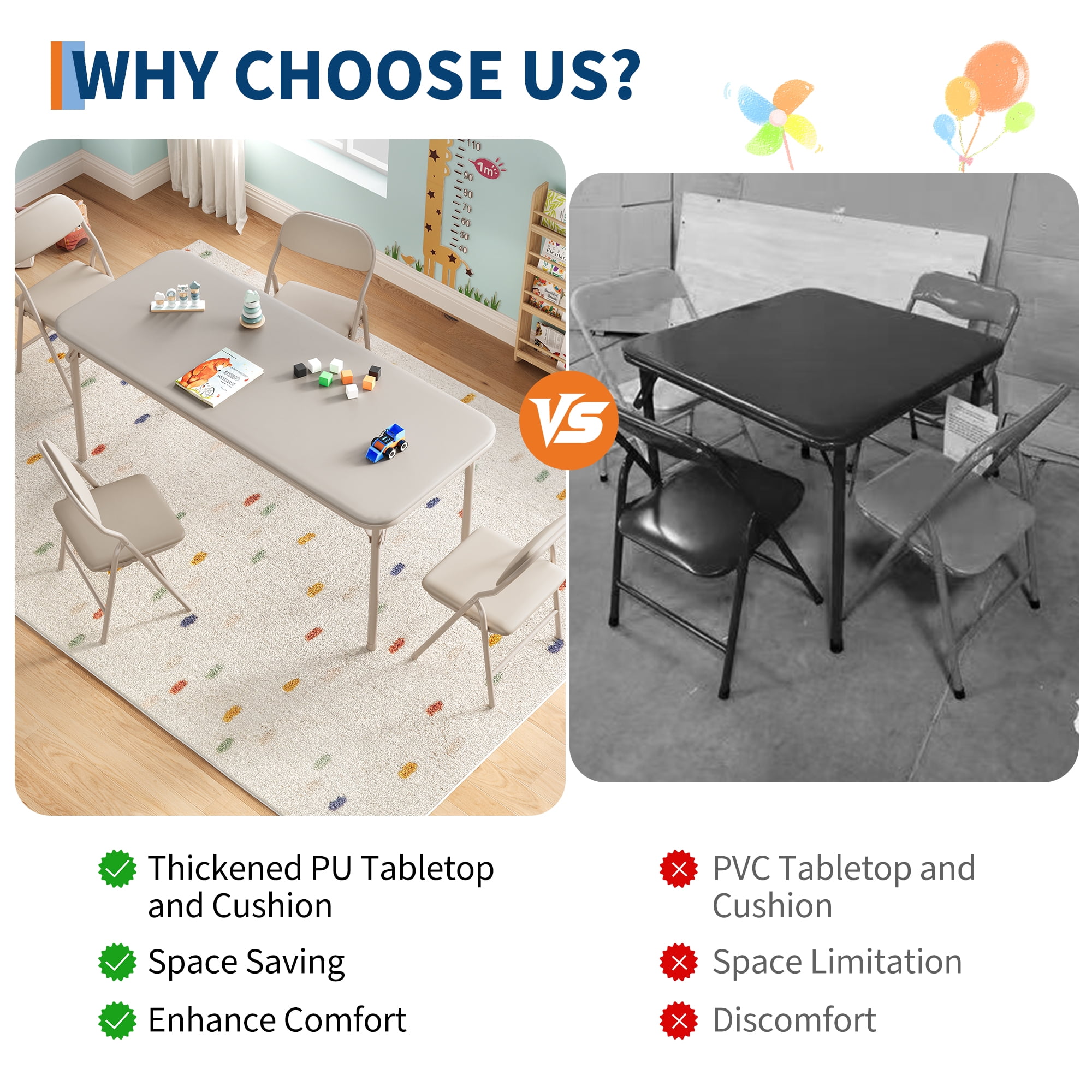 Towallmark 5-Piece Kids Activity Table and Chair Set, Folding Preschool Furniture, Collapsible for Study Room, Dining Room, Daycare, Beige