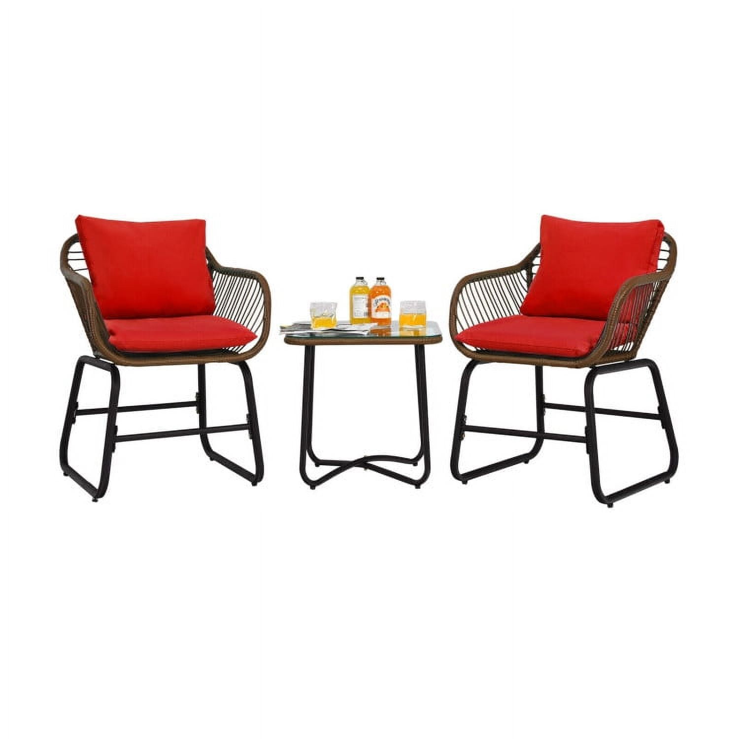 Aimee Lii 3 Pieces Patio Rattan Bistro Set Cushioned Chair Glass Table Deck, Outdoor Patio Furniture, Red Aimee Lii 3 Pieces Patio Rattan Bistro Set Cushioned Chair Glass Table Deck, Outdoor Patio Furniture, Red