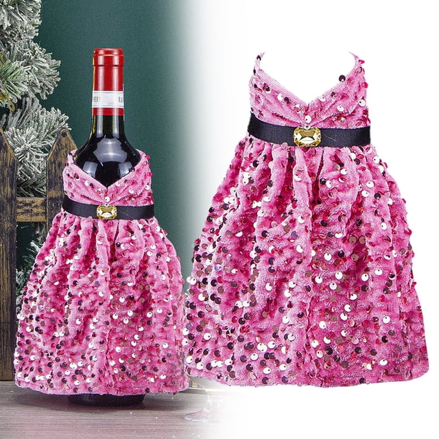 Housse de Bouteille de Vin Paillettes Robe Rouge Décoration de Bouteille de Vin Paillettes Bouteille de Noël pour Décoration de Table de Dîner de Noël