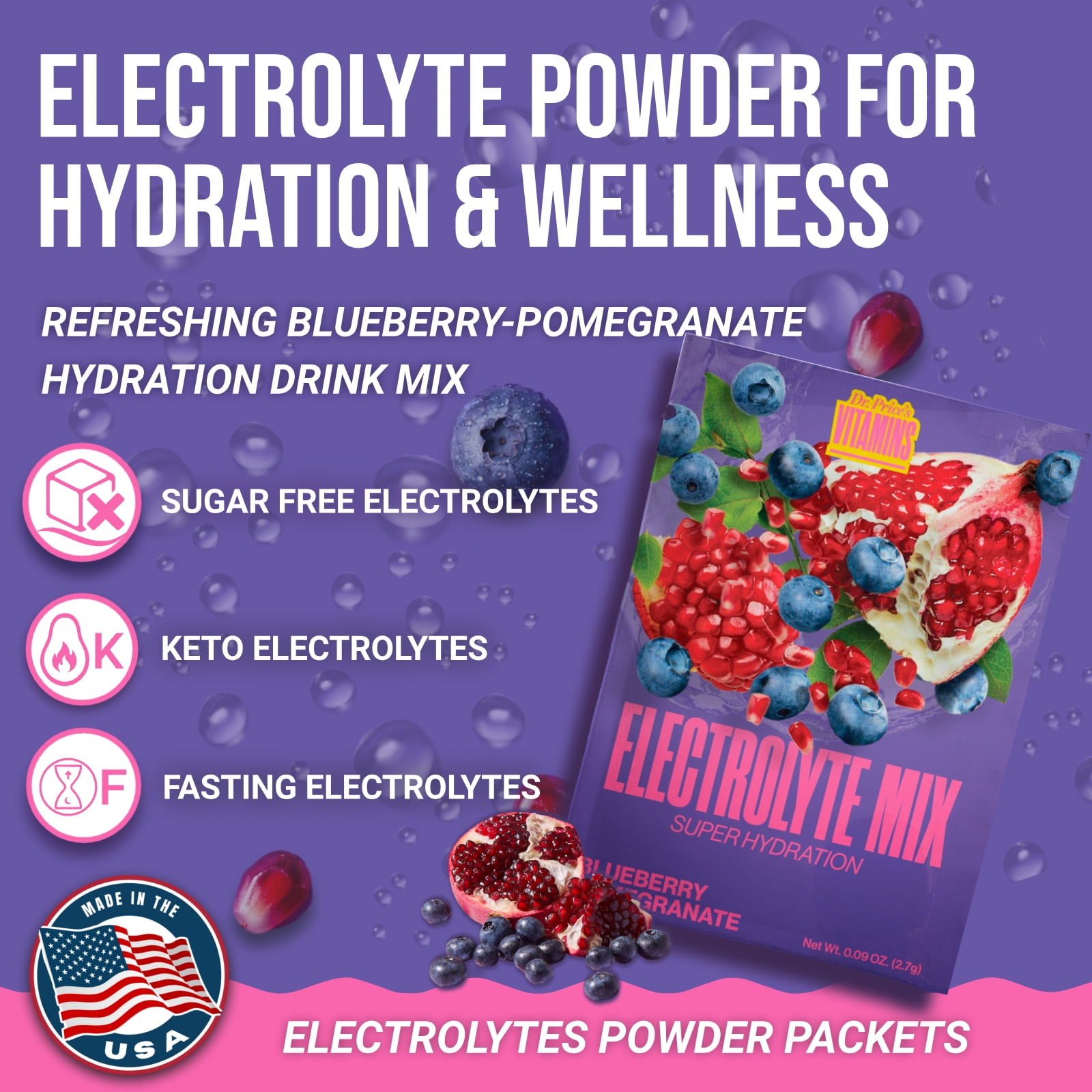 Dr. Price’s Electrolyte Mix – Blueberry Pomegranate Flavor, 30 Packets | Sugar-Free Hydration Powder with Trace Minerals