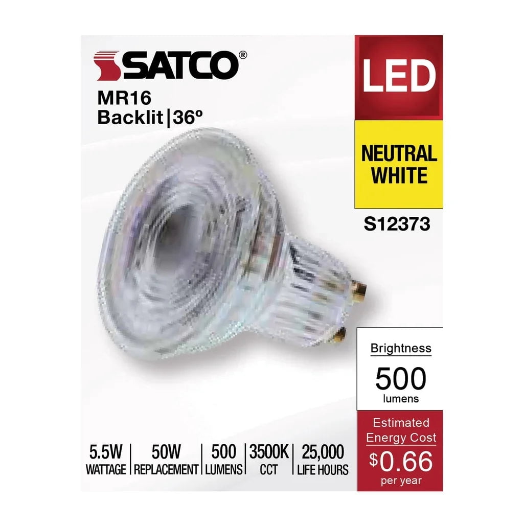 Satco LED MR16 Floodlight 5.5W 50W Equivalent 3500K Neutral White 90+ CRI 36° Beam GU10 Twist-Lock Base 120V Dimmable Clear Finish – Part S12373 (12 Pack)