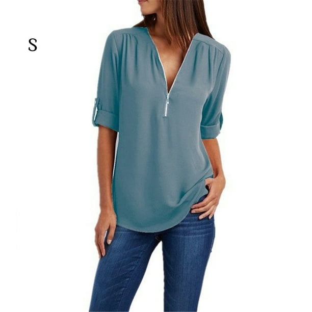Camisa de blusa de manga larga con cremallera superior para mujer, paño informal con cuello en V, azul oscuro, S AweSitey AP002124-33
