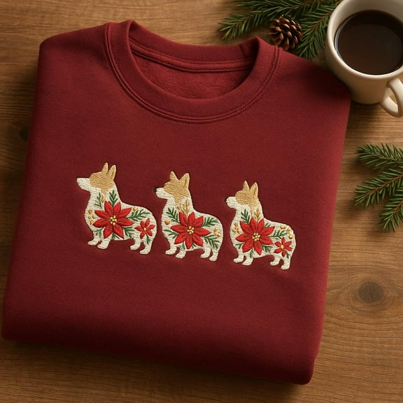Embroidered Triple Corgi Dog Sweatshirt, Floral Poinsettia Trio Pet Owner Gift, Christmas Corgi Mom Apparel