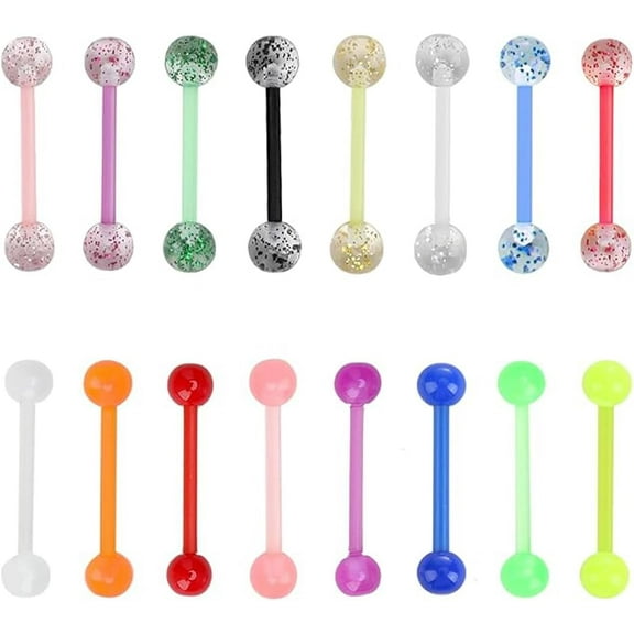Tongue Bars Colorful Tongue Rings Stud Acrylic Glitter Body Piercing Flexible Tongue Barbells Plastic Small Nipple Piercing Bars Multi-Color Tongue Bars Jewellery for Women Men (16 Pcs)