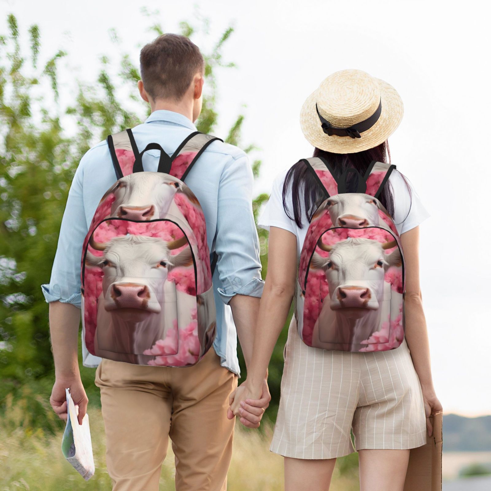 Vsdgher Flower White Cow Print Canvas Backpack Travel Rucksack Unisex Knapsack 15.7/17.7Inch Laptop Backpack for Work,College -Medium