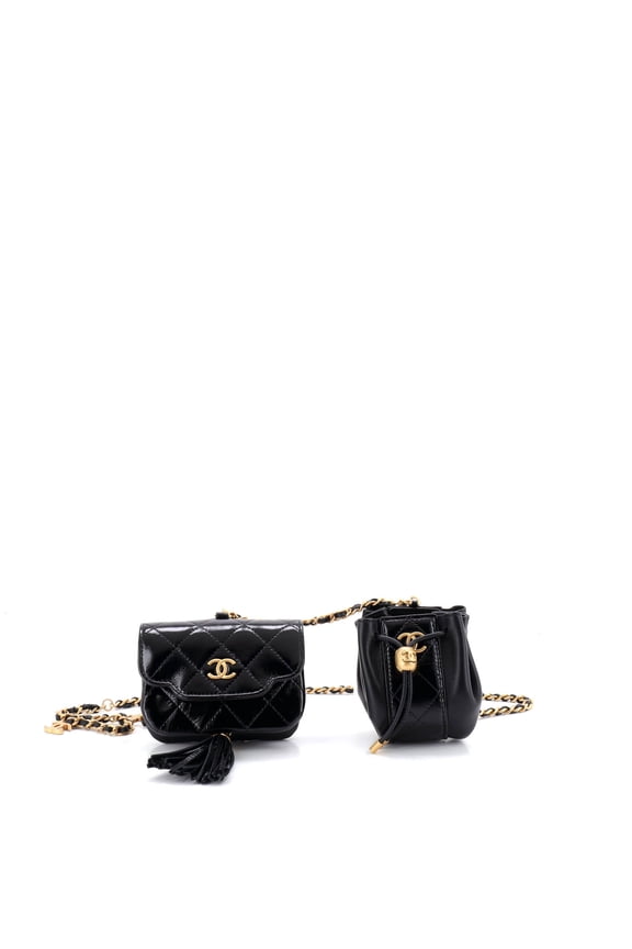Pre-Owned Double Pouch Chain Belt Bag Quilted Shiny Lambskin By Rebag