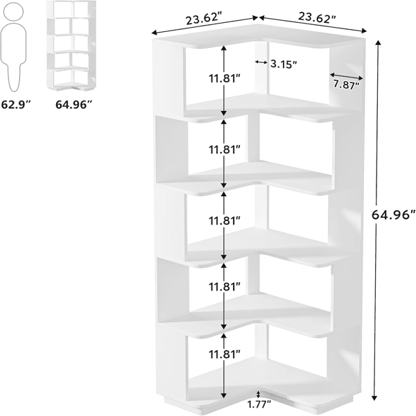 L-Shaped Corner Bookshelf, 6-Tier Anti-Falling Baffle Design, Modern Storage for Living Room, Bedroom, Office
