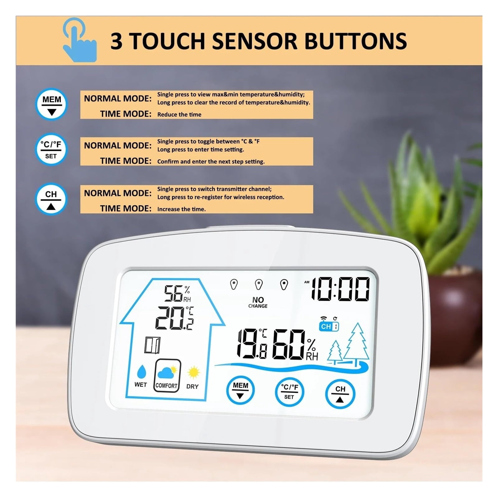 HAGSYCT Digital Weather Station,Backlight Touch Screen Digital Weather Station Smart Temperature and Humidity Meter Weather Clock Temperature Humidity Detection,Multiple Data Display(Bianco)