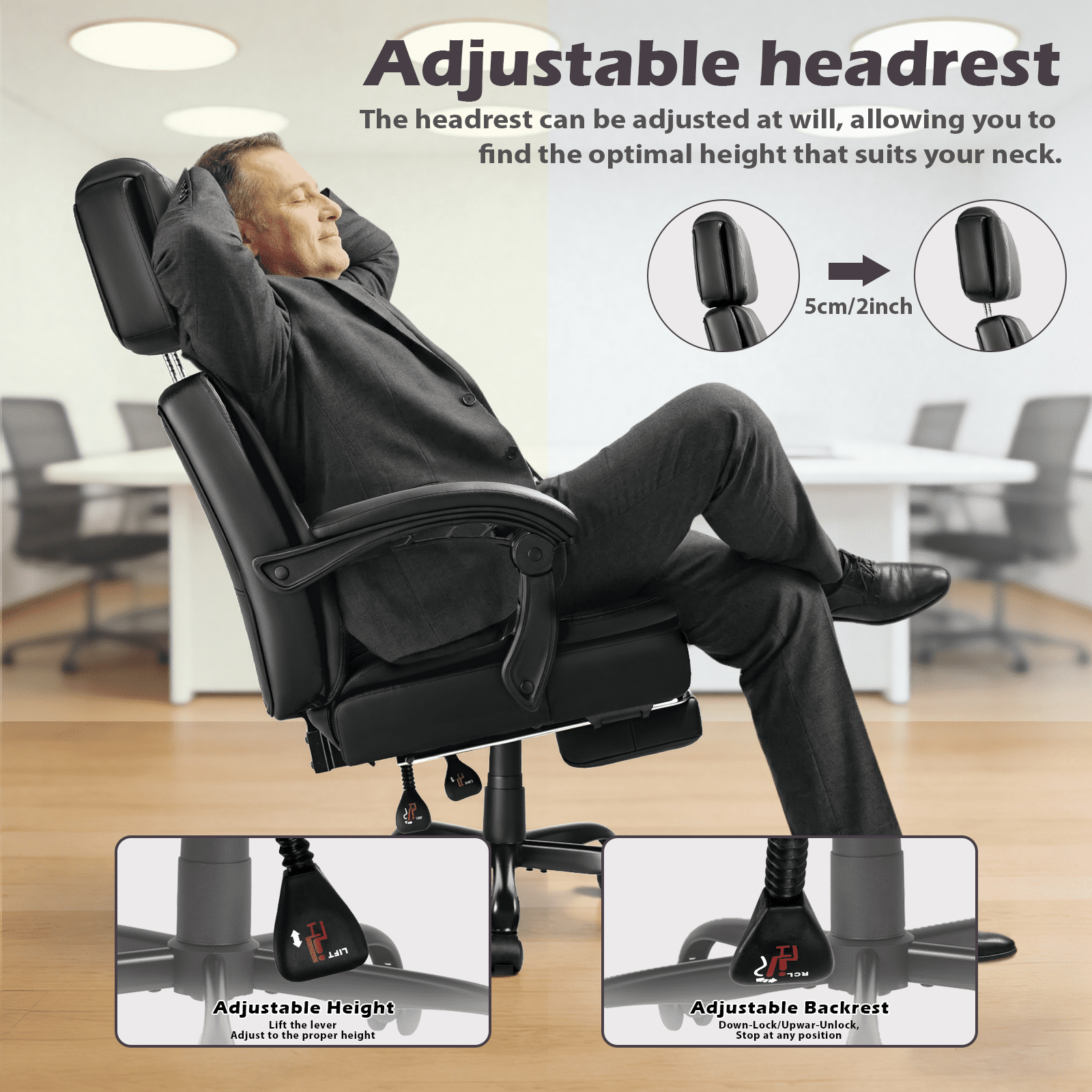 Waleaf Office Chair with Footrest, Ergonomic High Back Computer Desk Chair with Adjustable Headrest and Lumbar Support for Home Office