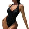thumbnail image 3 of MOJOGO Women's Sequin Deep V One-Piece Swimsuit High-Cut Leg Swimwear Trendy Swimwear for Pool Party Beach Bathing Suits L, 3 of 9