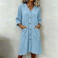 thumbnail image 2 of Zynoxe Womens Cotton Linen Dresses Summer V-neck 3/4 length sleeve Button Down Midi Dresses Lounge Peasant Gauze Business Work Dresses with Pockets Light Blue S, 2 of 7