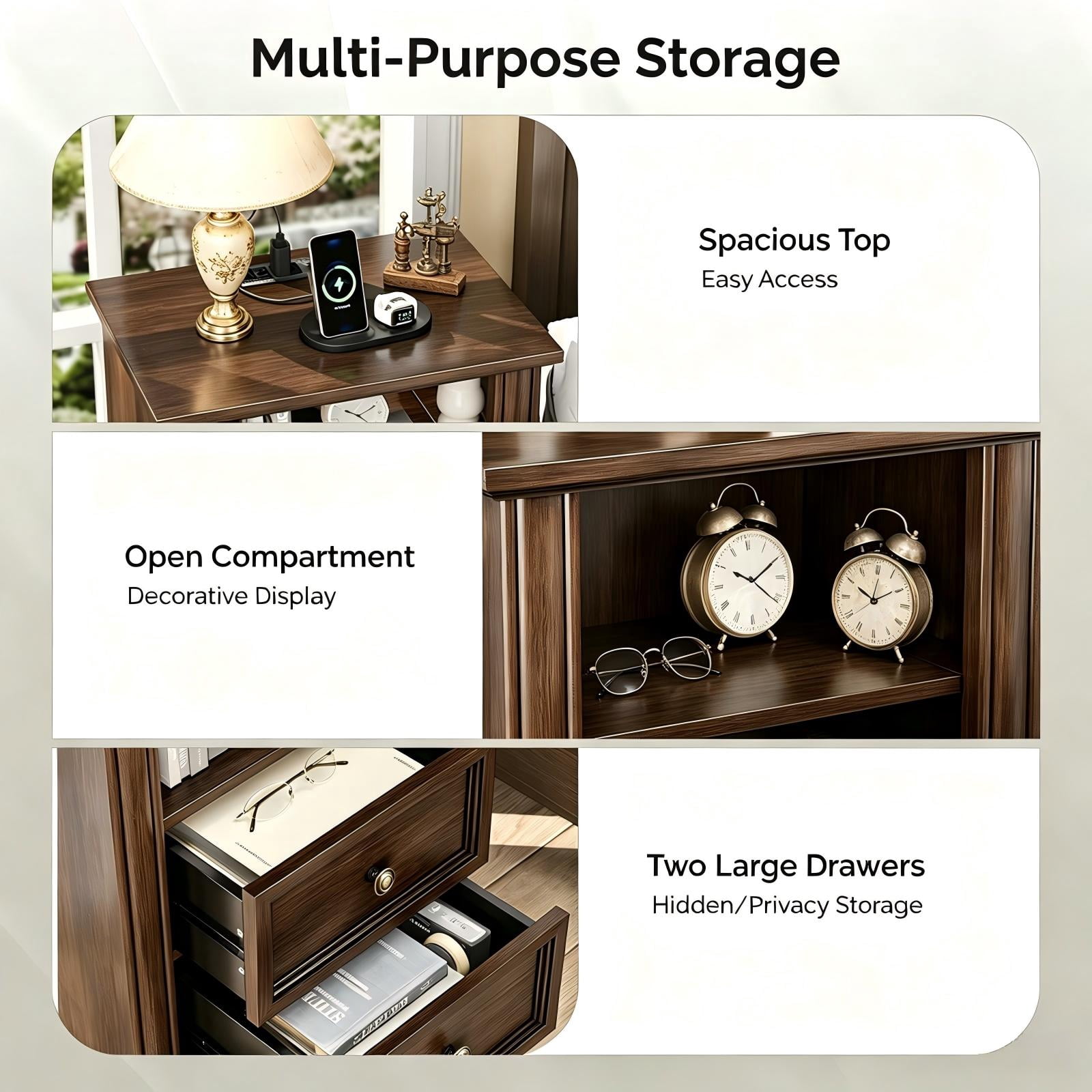 Astoutdoor 2-Drawer Bedside Table with Shelves and Sockets, Brown, 19.69 x 13.78 x 25.67 in