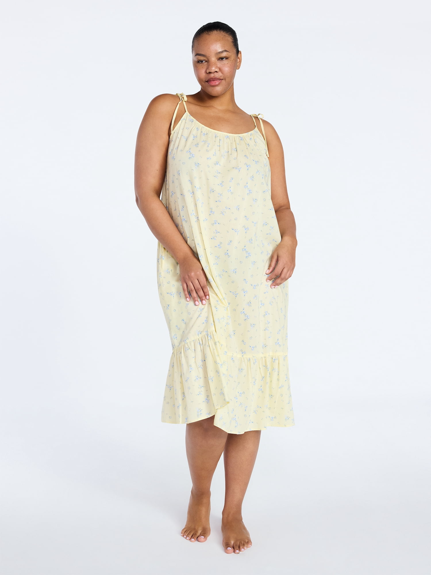 Joyspun Women's Woven Midi Sleep Gown with Shoulder Tie, Sizes XS to 3X