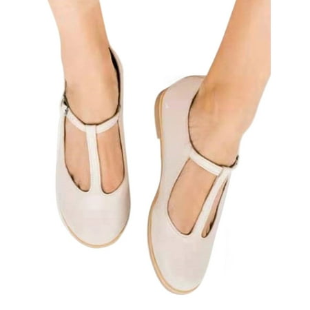 

Zodanni Womens Comfortable Ballet Flat Walking Anti-Slip Adjustable Strap Mary Jane Flats Casual Lightweight Round Toe Pumps Beige 9