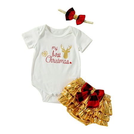 

Sunisery Infant Baby Girls My 1st Christmas Clothes Set Letter Deer Romper Bow Shorts Bloomer Xmas Outfits Golden 12-18 Months