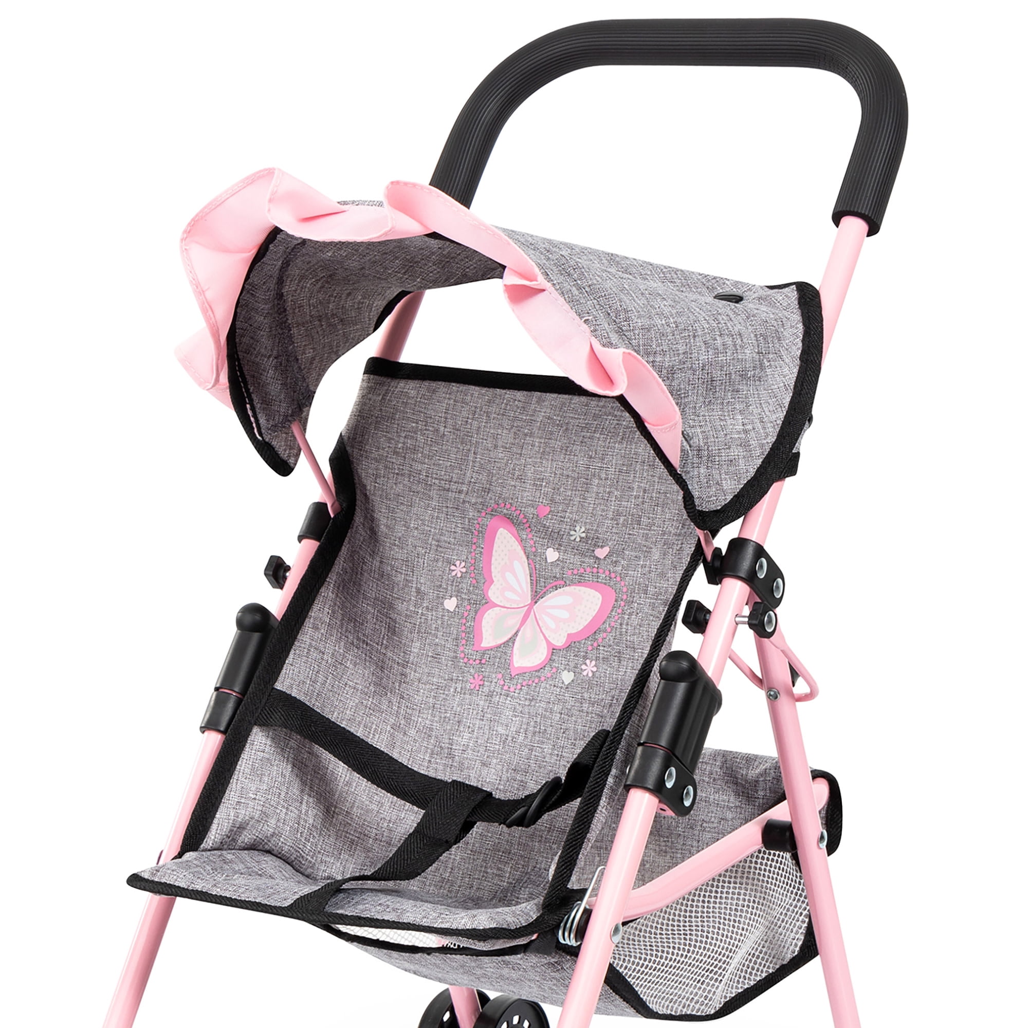 Bayer Design: Doll Buggy - Grey-Soft Pink-Butterfly - Handbag, Folding Play Stroller For Dolls Up To 16", Sunshade, Swivel Wheels, Seat Belt, Kids 3+