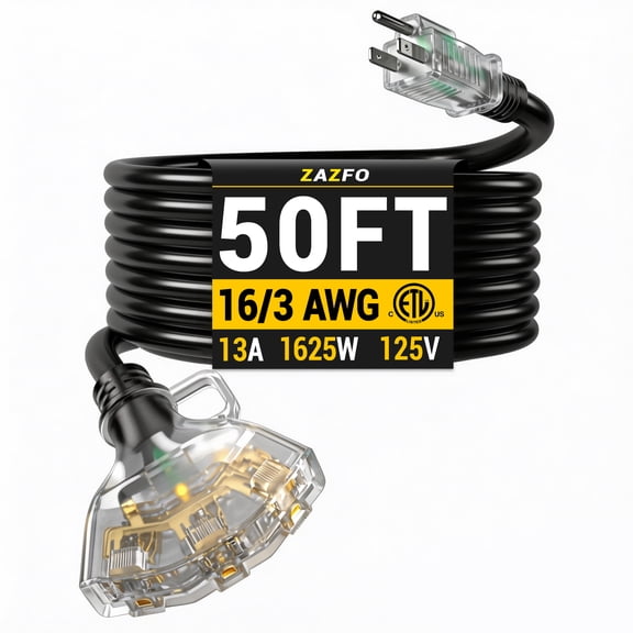 ZAZFO 50 FT 16/3 Gauge Outdoor Extension Cord with Multiple Outlets Light Indicator, Flexible 3 Outlet Weatherproof Extension Cord Waterproof Black, 13A 1625W 16AWG SJTW, ETL Listed
