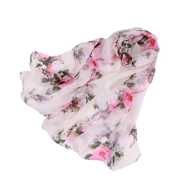 Minnieouse Bufanda de seda con estampado Floral para mujer, pañuelo ligero y elegante de lujo para playa, moda de verano Accesorios de disfraces blanco rosa