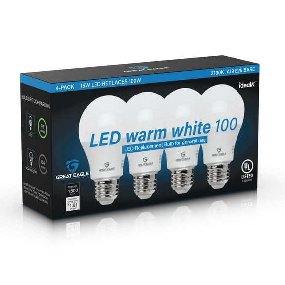 Great Eagle A19 LED Light Bulbs 100 Watt Equivalent - Warm White 2700K, 15W Non-Dimmable, 1500 Lumens (4 Pack)