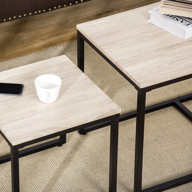 Nesting Coffee Table Set of 3, Modern End Table with Black Metal Frame, Suitable for Living Room Furniture, Natural Color