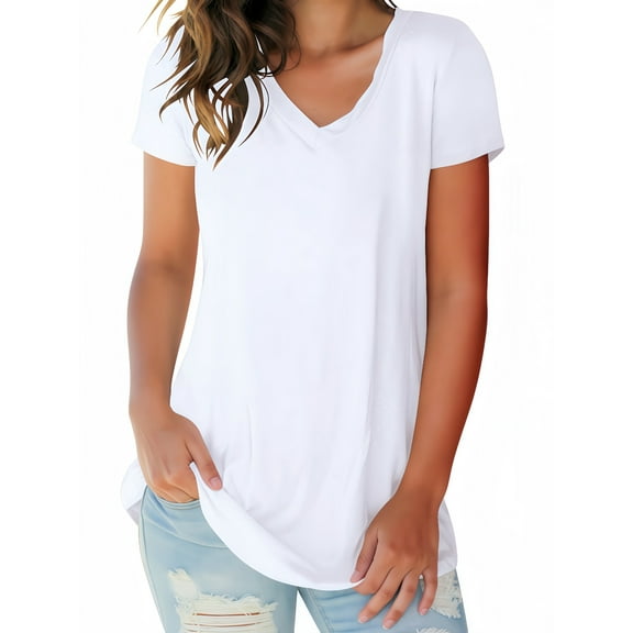Liher T-shirts for Women Short Sleeve V-Neck Summer Tops Casual Loose Plain Tunic Blouse White Tee Clothes Size XL