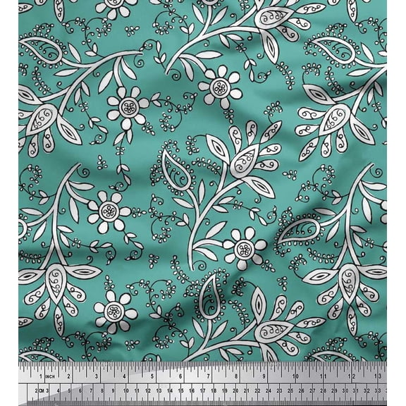 Soimoi Cotton Duck Fabric Leaves & Floral Block Print Fabric by Yard 42 Inch Wide