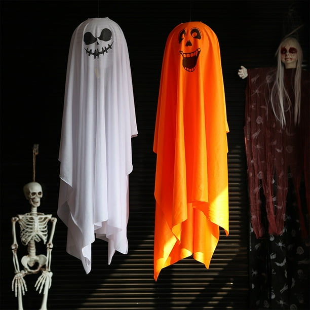 Fantasma Luminoso de Halloween | Decoración Colgante de Tela Naranja de Fantasma 92 X 26 Cm | Diseños Faciales Espeluznantes | Luces Amarillas Integradas | Resistente y Portátil | Fácil de Instalar |