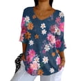 thumbnail image 4 of Tittly Boho Tops for Women, 3/4 Sleeve Shirts for Women Dressy Tunic Tops Casual Wear with Floral, Work Blouses for Women, 3/4 Length Sleeve Womens Tops Blue 2XL, 4 of 5
