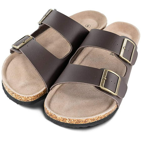 Men's Slip On Flat Casual Cork Sandals with 2-Strap Buckle,Leather Cork ...