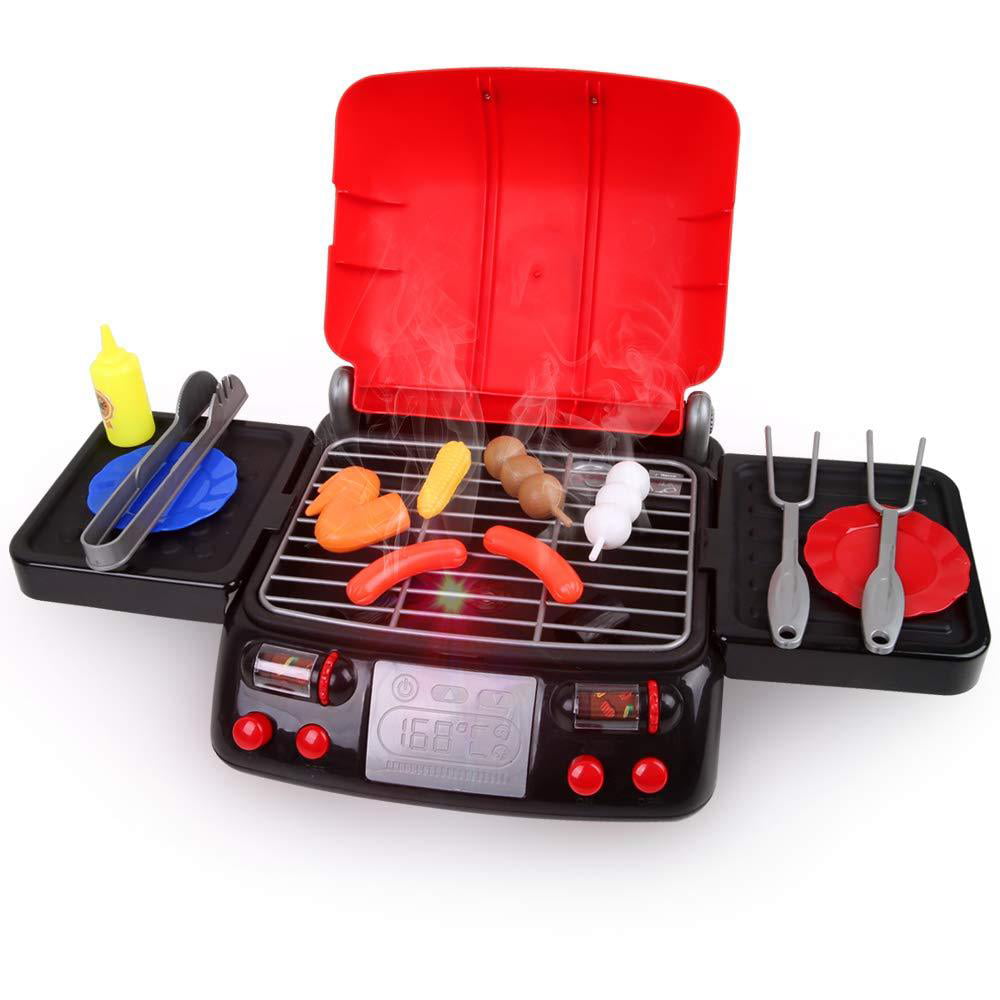 Pretend Play Food BBQ Cooking Playset Kitchen Toys with Light & Smoke for 3 Kid 