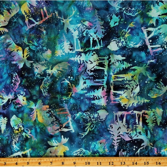 Cotton Batik Rainbow Skies Woodland Animals Elk Deer Moose Northwoods Multicolor Cotton Fabric Print by the Yard (W2569-532-AURORA)