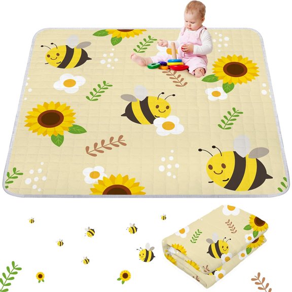 Bee Sunflower Portable Baby Play Mat 50 x 50 Washable Foldable Crawling Mat Non Slip Cushioned Kids Play Mats Pad for Floor Playpen Toddler Infants Tummy Time Activity