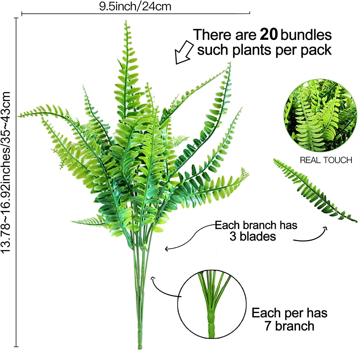 20 Pcs Ferns Artificial Plants Outdoor Fake Boston Fern Bushes Large Bundle Faux Fern Stems UV Resistant Plastic Flowers for Outside Planter Front Porch Garden Ground Greenery Décor
