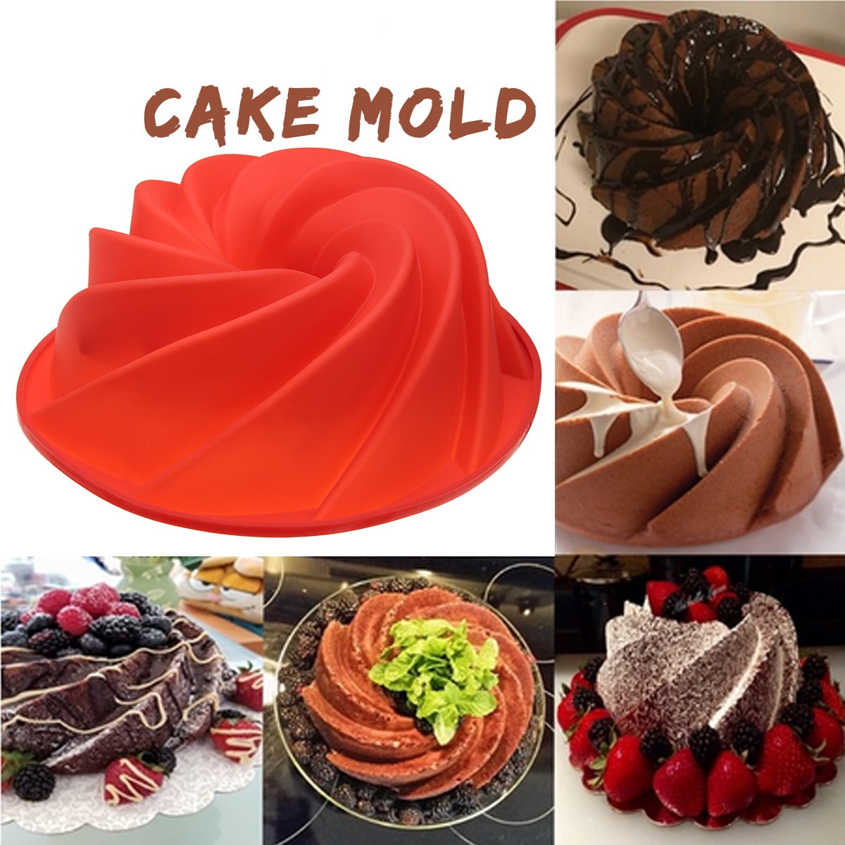 Red Large Swirl Shape Food Grade Silicone Rubber Cake Baking Mold Bundt Kitchen Baking Supplies